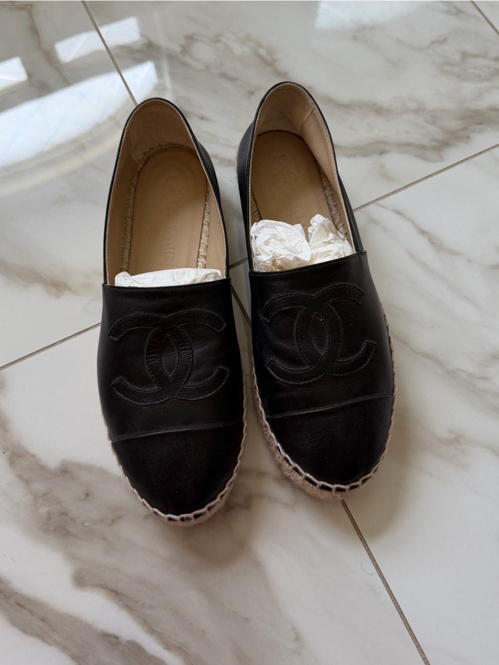 CHANEL Black Leather Espadrilles with Interlocking CC